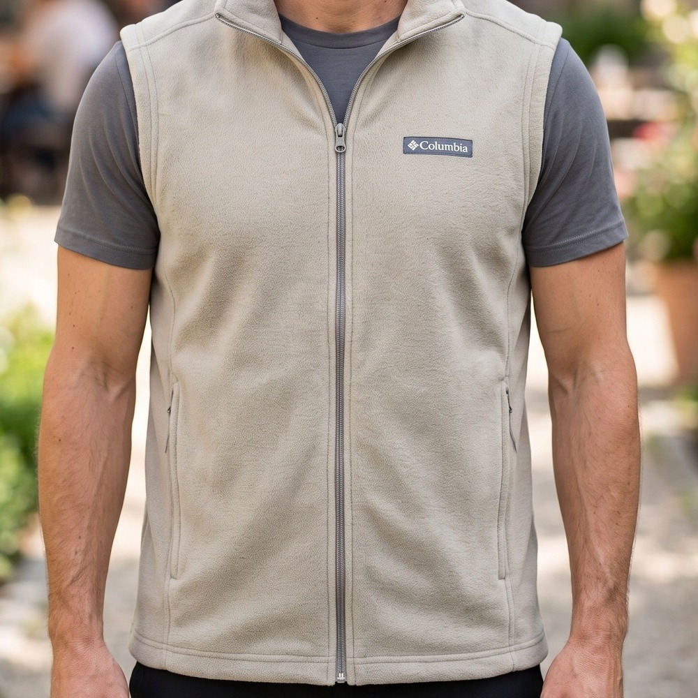 Columbia Mens Full Zip Fleece Vest Tan Khaki Sleeveless Jacket Pockets M